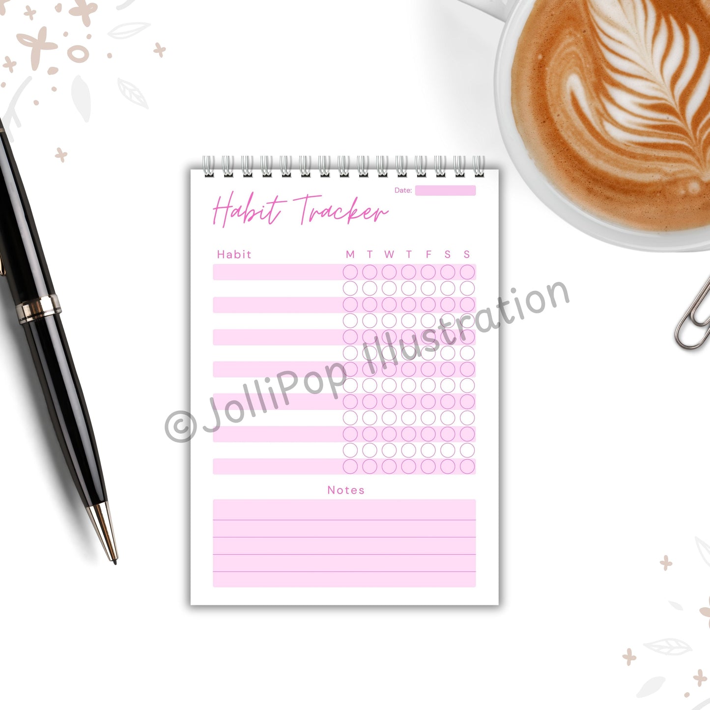 Wellness Tracker - Habit Tracker Pink - A6 Spiral Wire Notebook