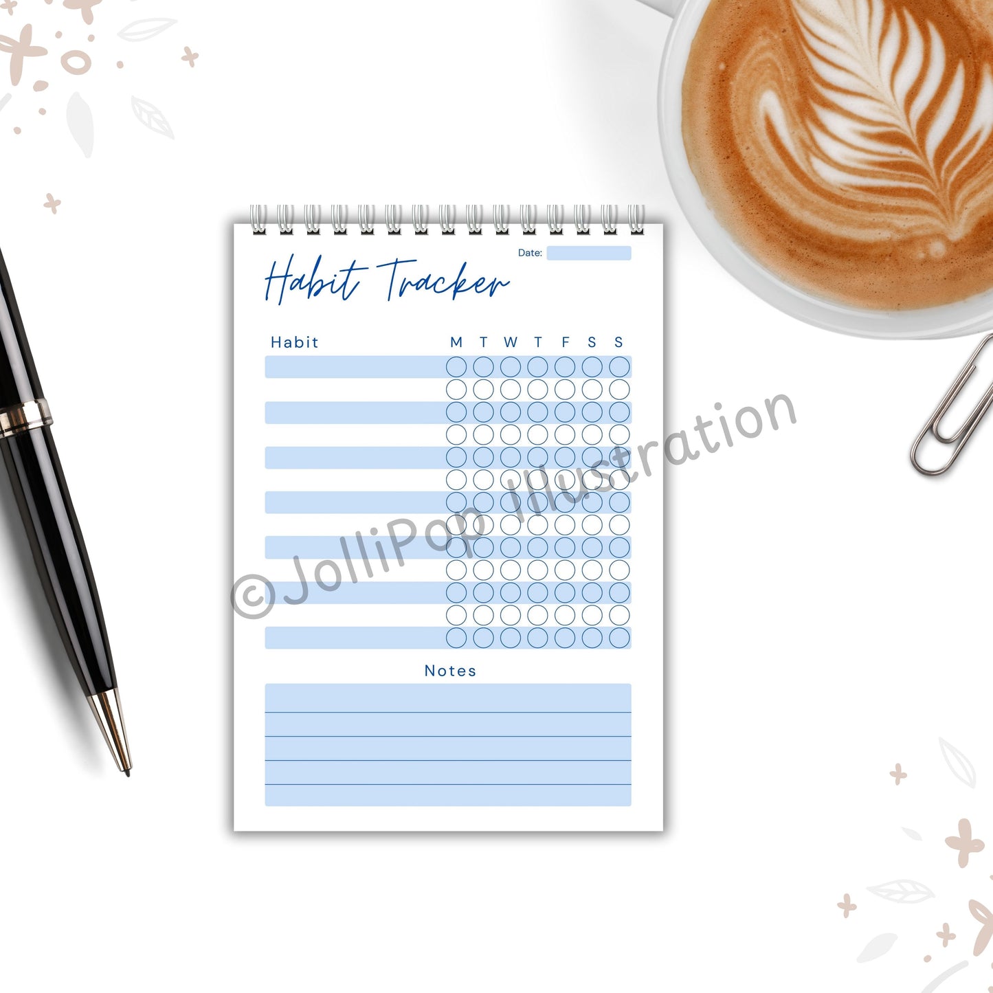 Wellness Tracker - Habit Tracker Blue - A6 Spiral Wire Notebook
