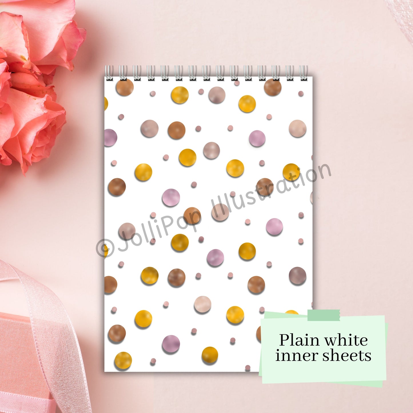 Plain Sheets - Pink & Gold Polka Dot Cover - A6 Spiral Wire Mini Notebook
